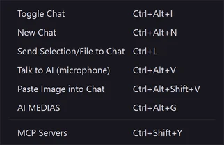 The AI CODER menu and its shortcuts