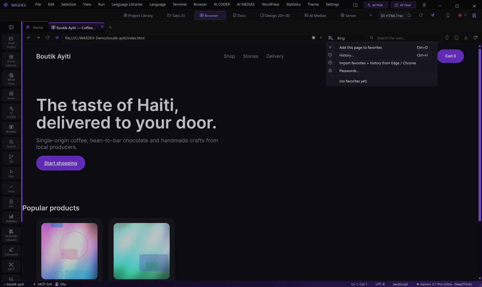The favourites menu: add the page, history, import and passwords