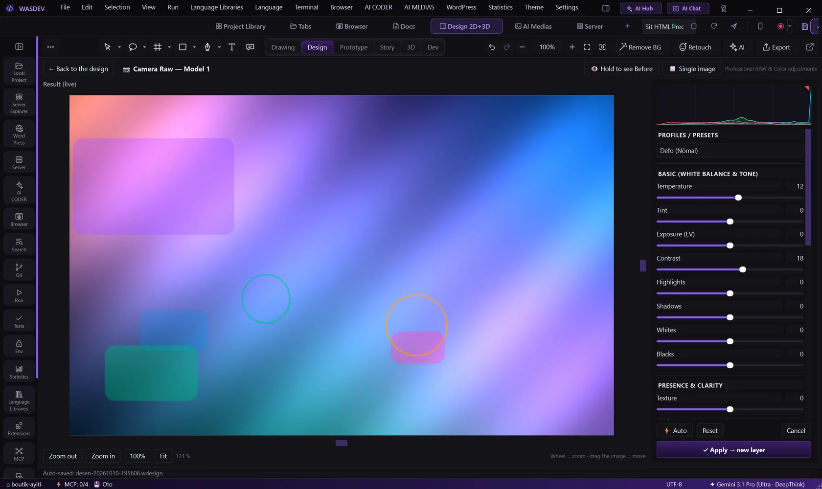 Camera Raw: adjustment panels on the right, live result on the left