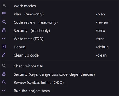 The Mode menu: six work modes and the checks without AI