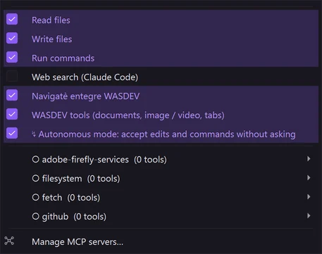 The tools menu: built-in tool groups and MCP servers