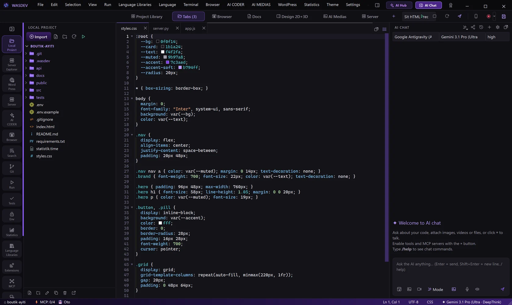 The AI chat panel docked on the right of the editor