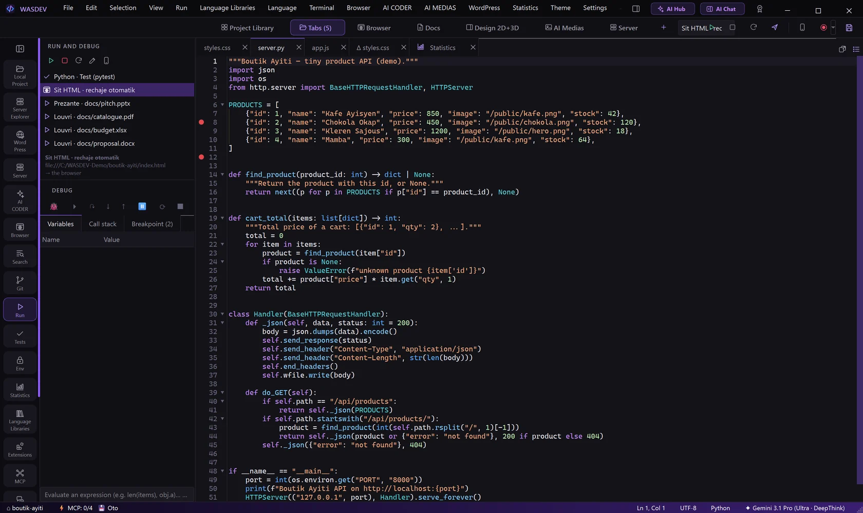 Two breakpoints in the margin of the editor, next to the Run and Debug view