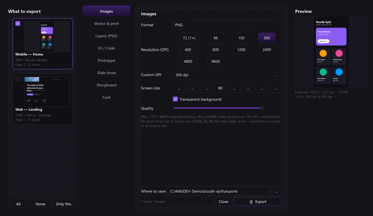 The “Export the design” dialog