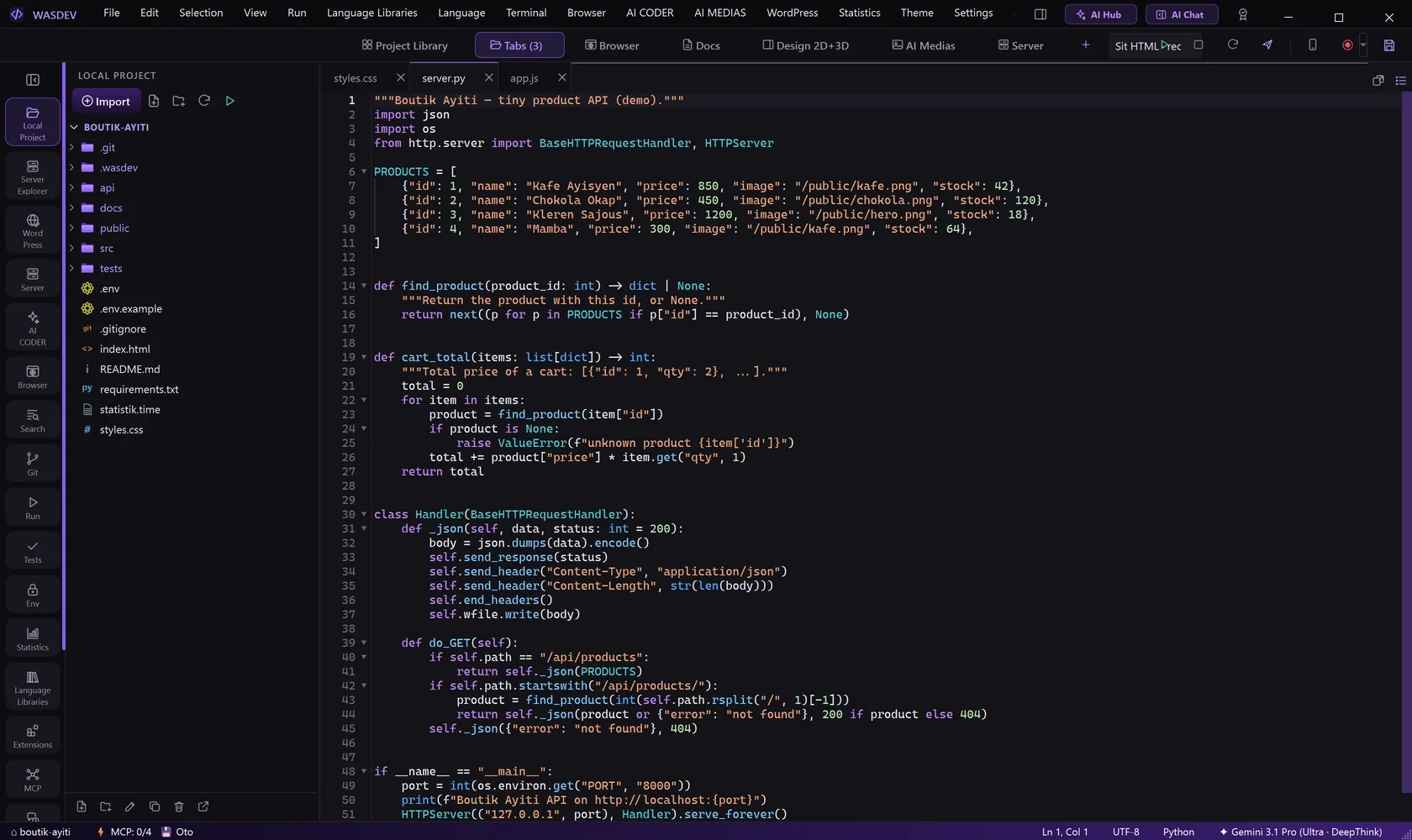 A code file open next to the project explorer