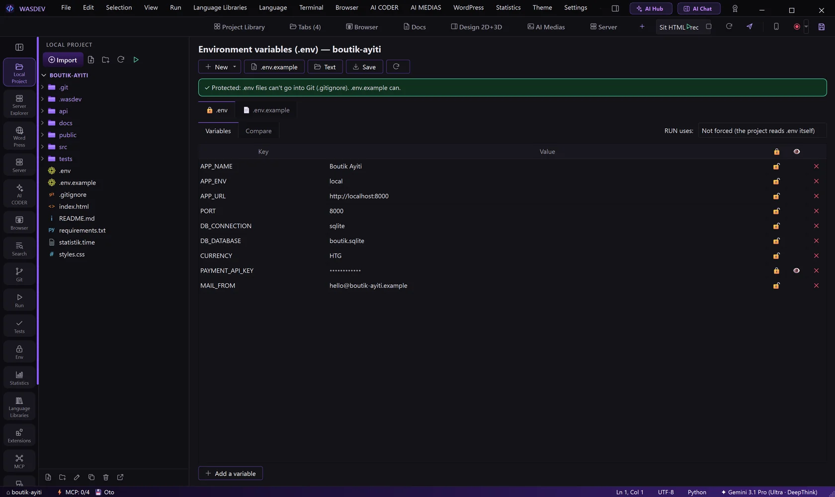 The Env page: variables of the .env file