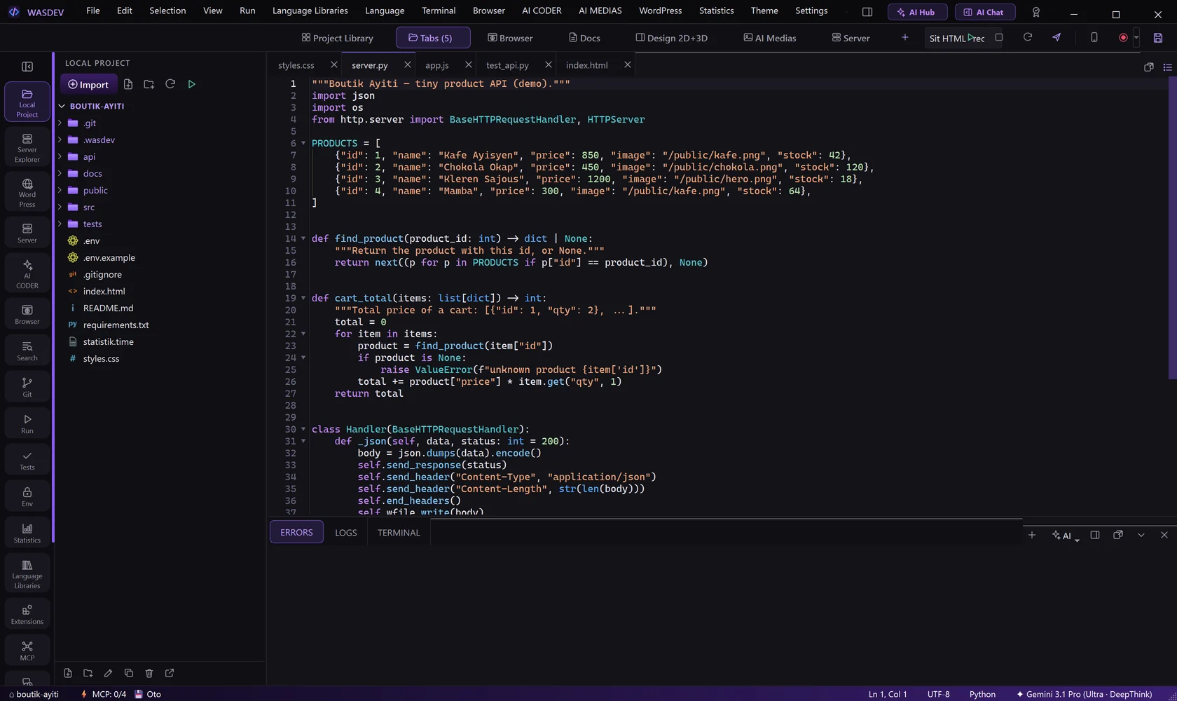 The ERRORS tab of the bottom panel lists the problems found in the code