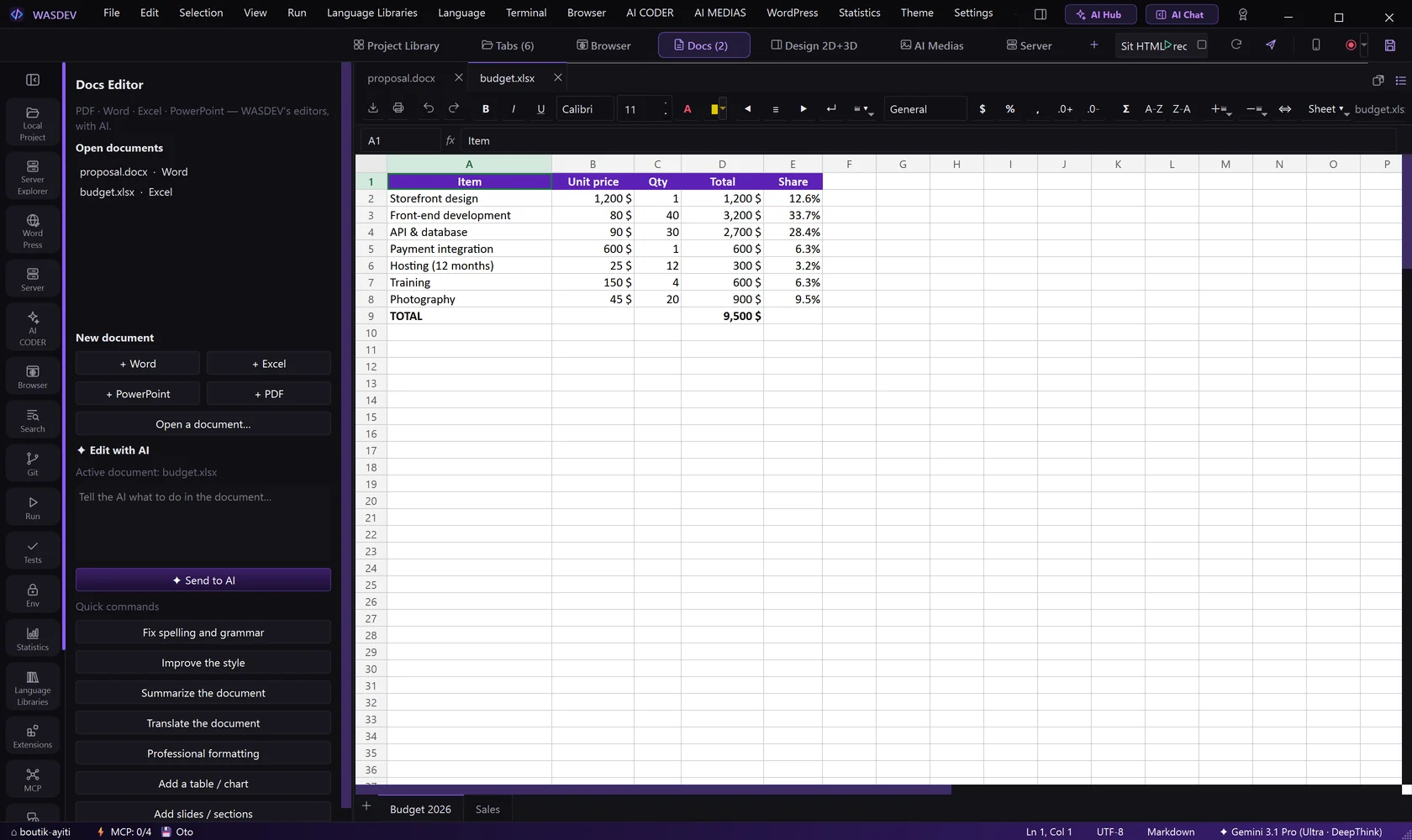 The Excel editor