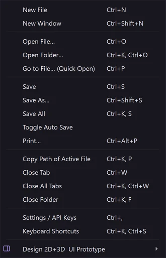 The File menu: new file, open, save and recent projects