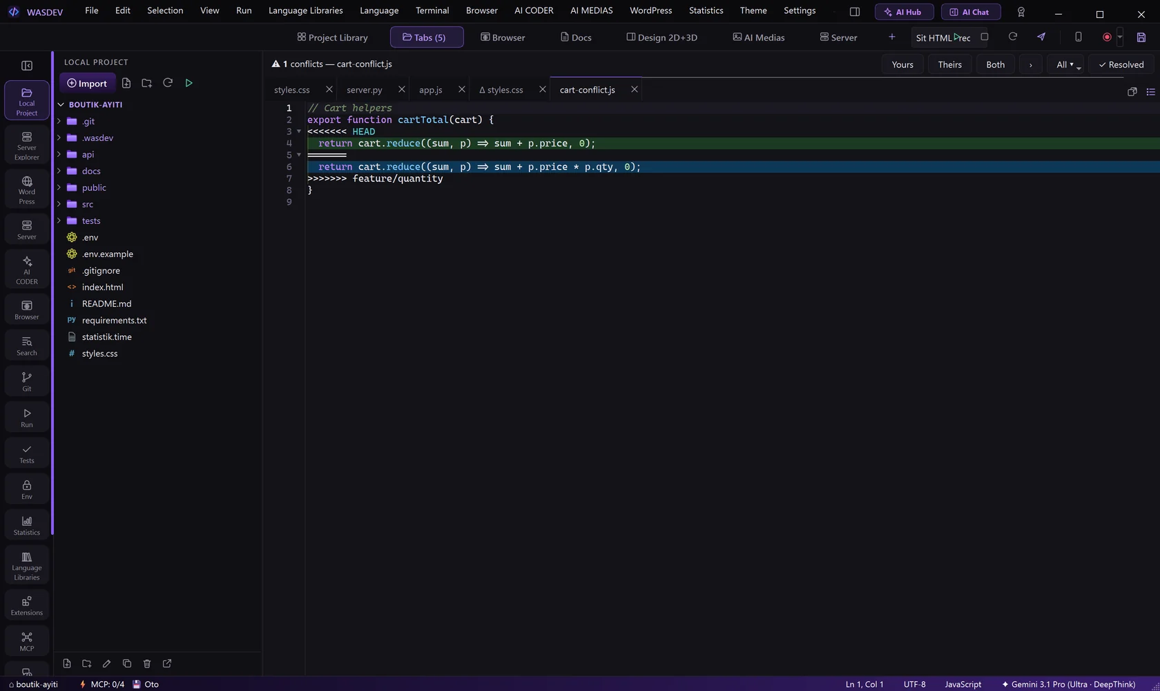 A conflict in the editor: your version in green, the incoming version in blue