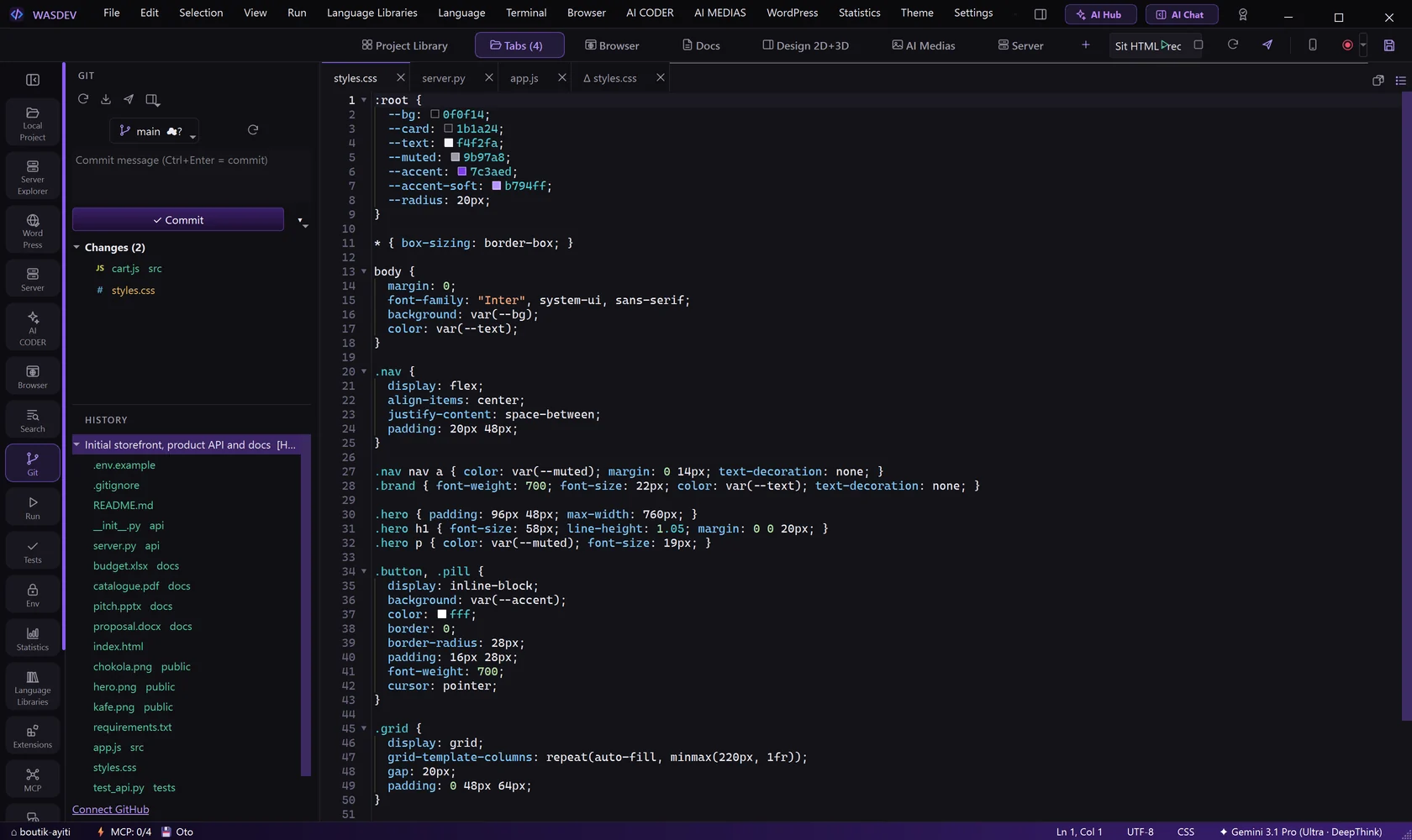 The history of commits, with the files of a commit