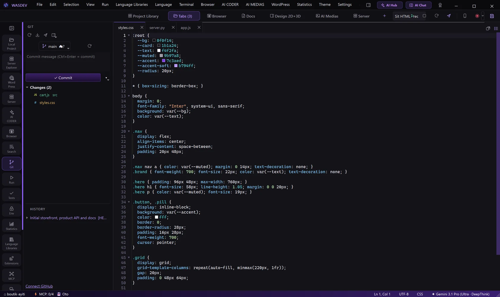 The Git view: changed files and the commit box