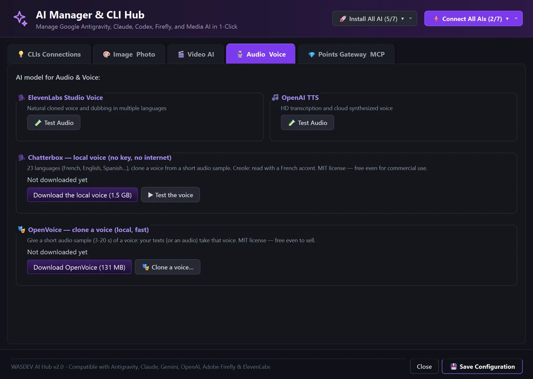 Tab “Audio Voice”: local voices and ElevenLabs