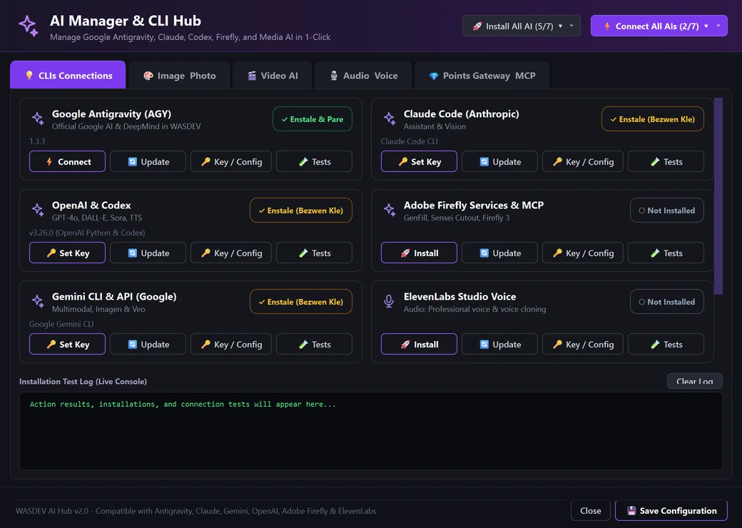 AI Manager and CLI Hub, tab “CLIs Connections”: one card per AI