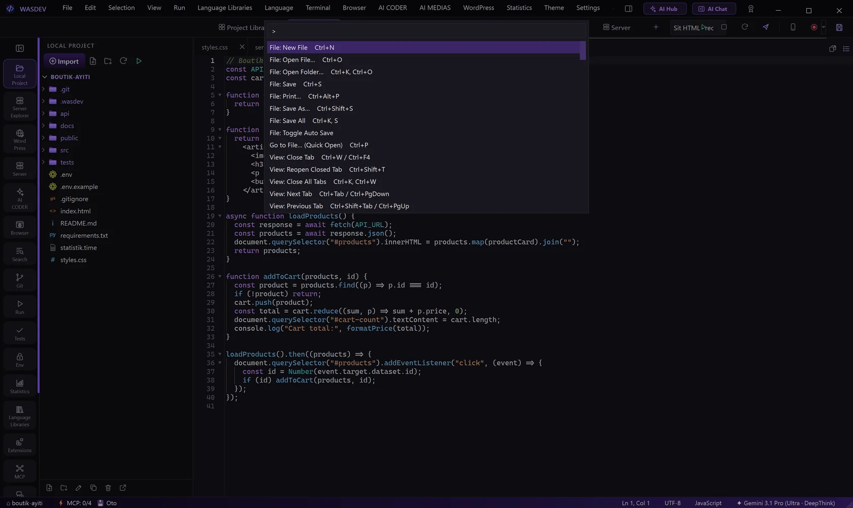 The command palette lists every command with its shortcut