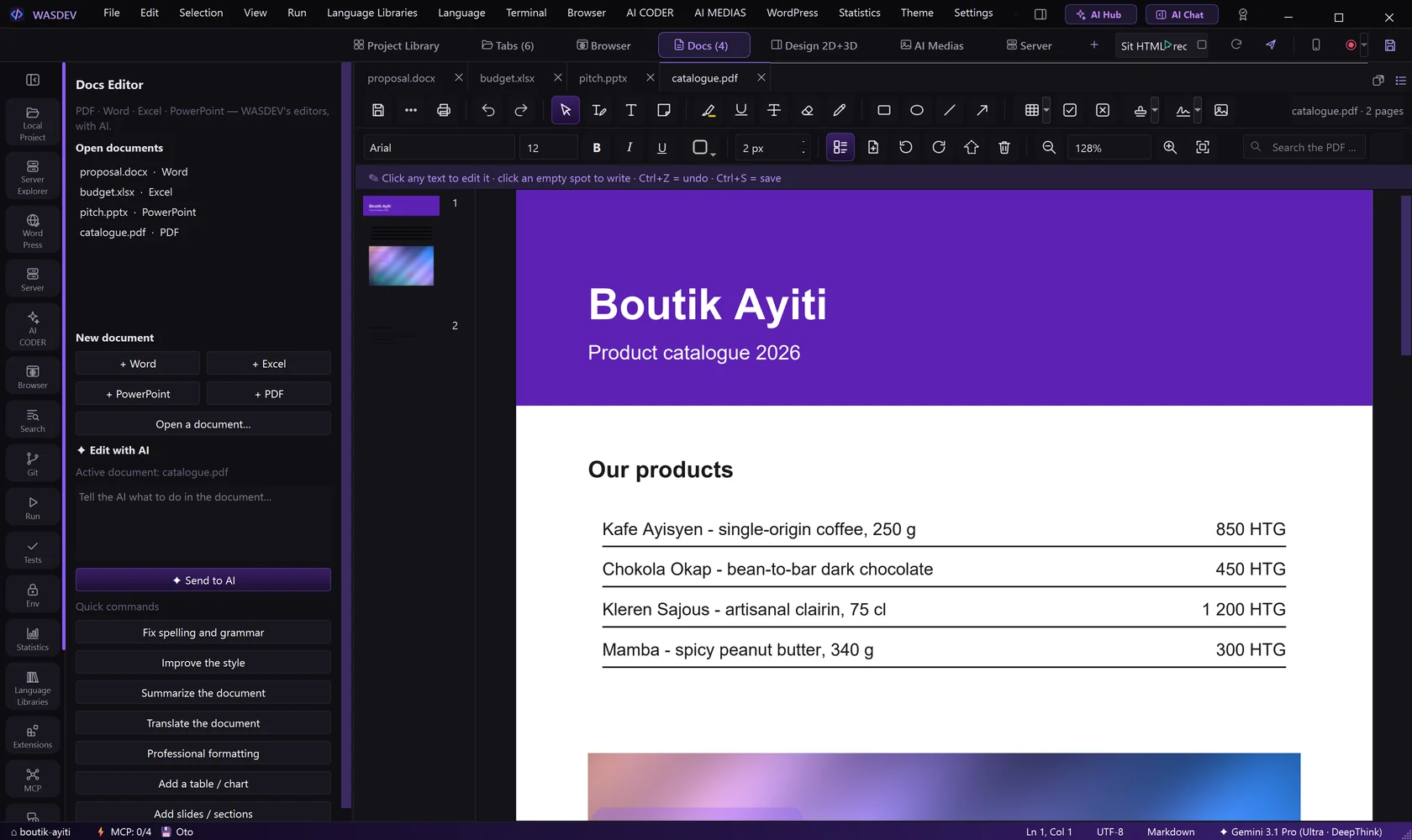The PDF editor with its tools and page thumbnails