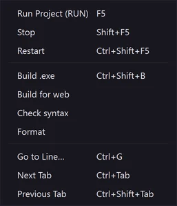 The Run menu: start, stop, restart and the GAD commands