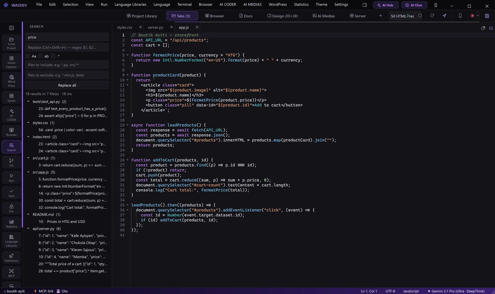 The Search view with results grouped by file