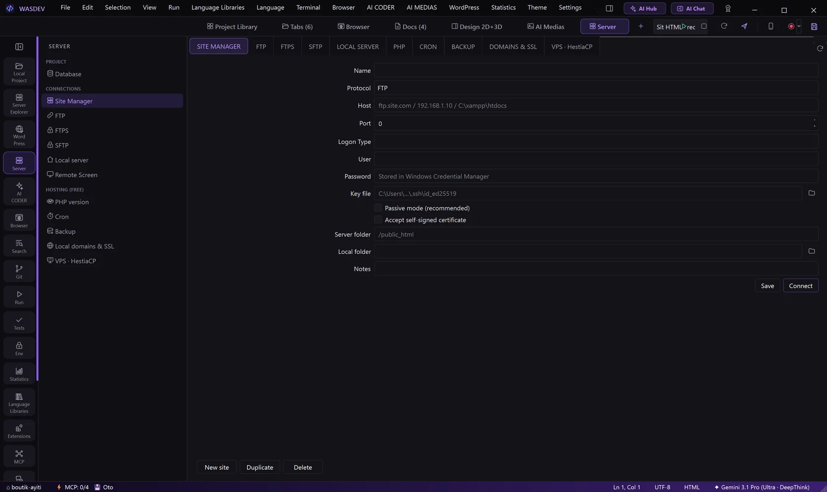 The Server page on the SITE MANAGER tab