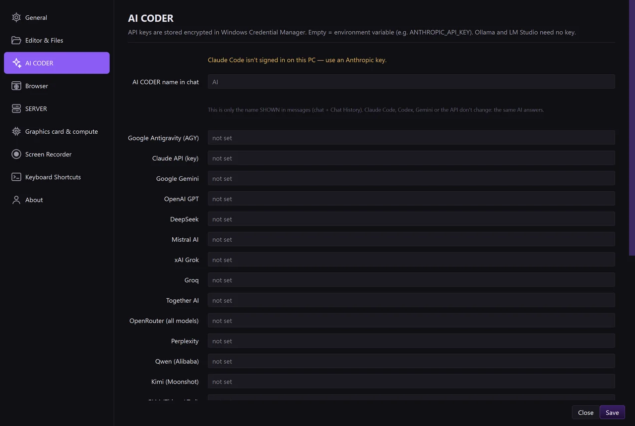 Settings, tab “AI CODER”