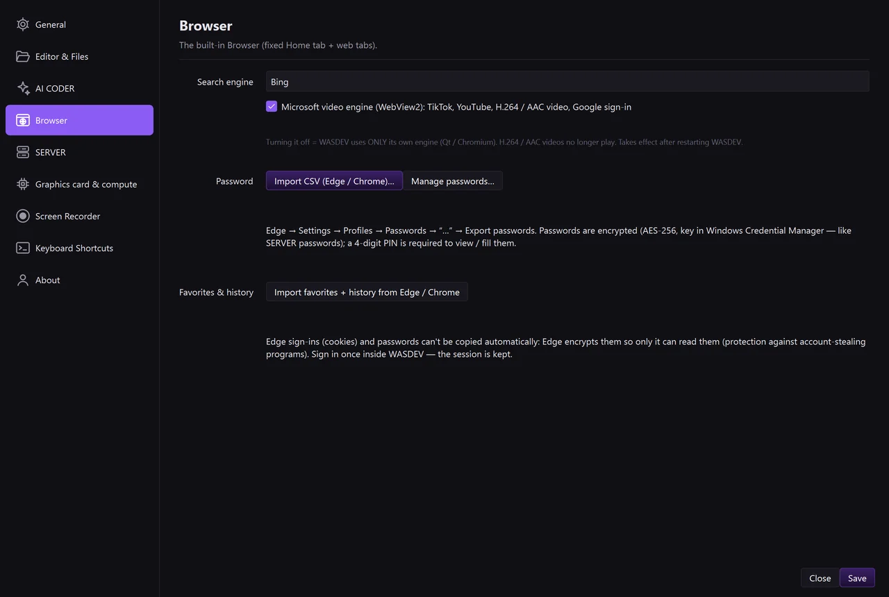 Settings, tab “Browser”