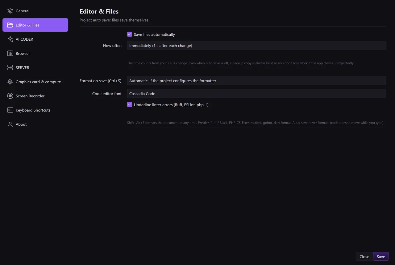 Settings, tab “Editor & Files”