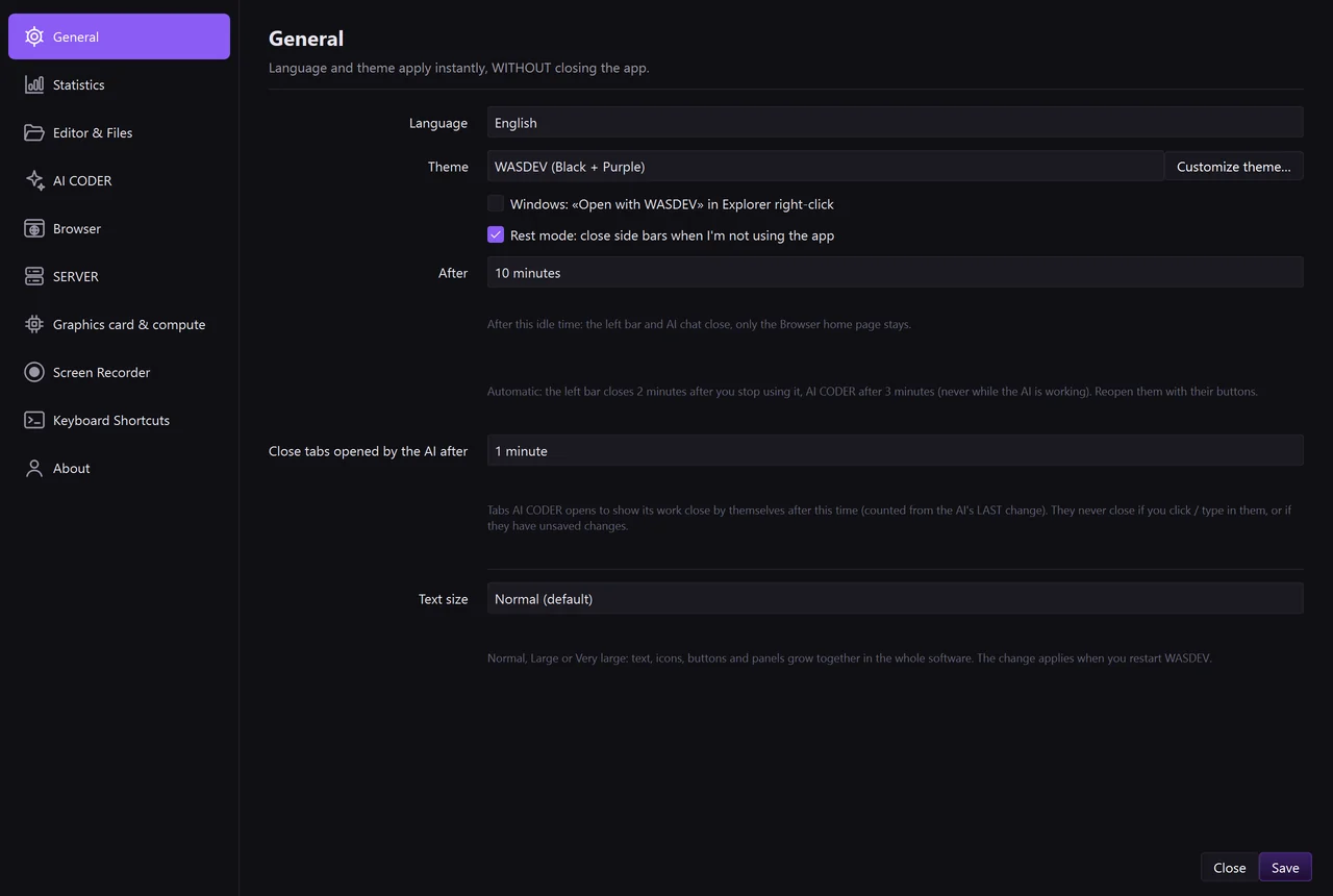 Settings, tab “General”