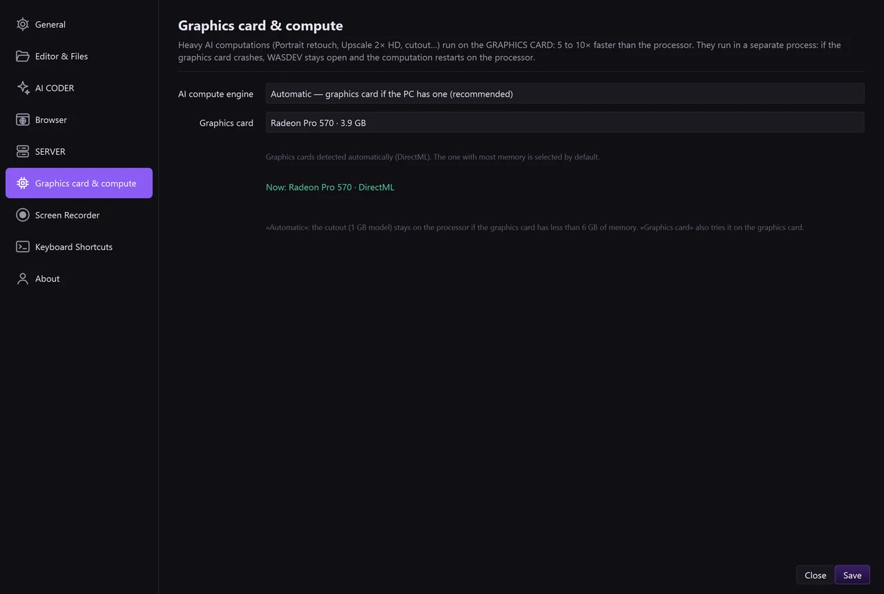 Settings, tab “Graphics card & compute”