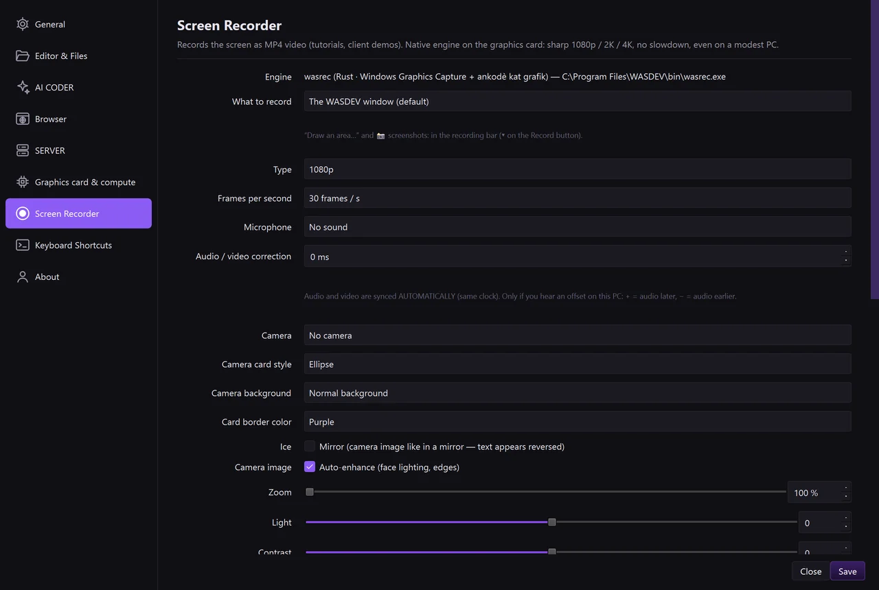 Settings, tab “Screen Recorder”