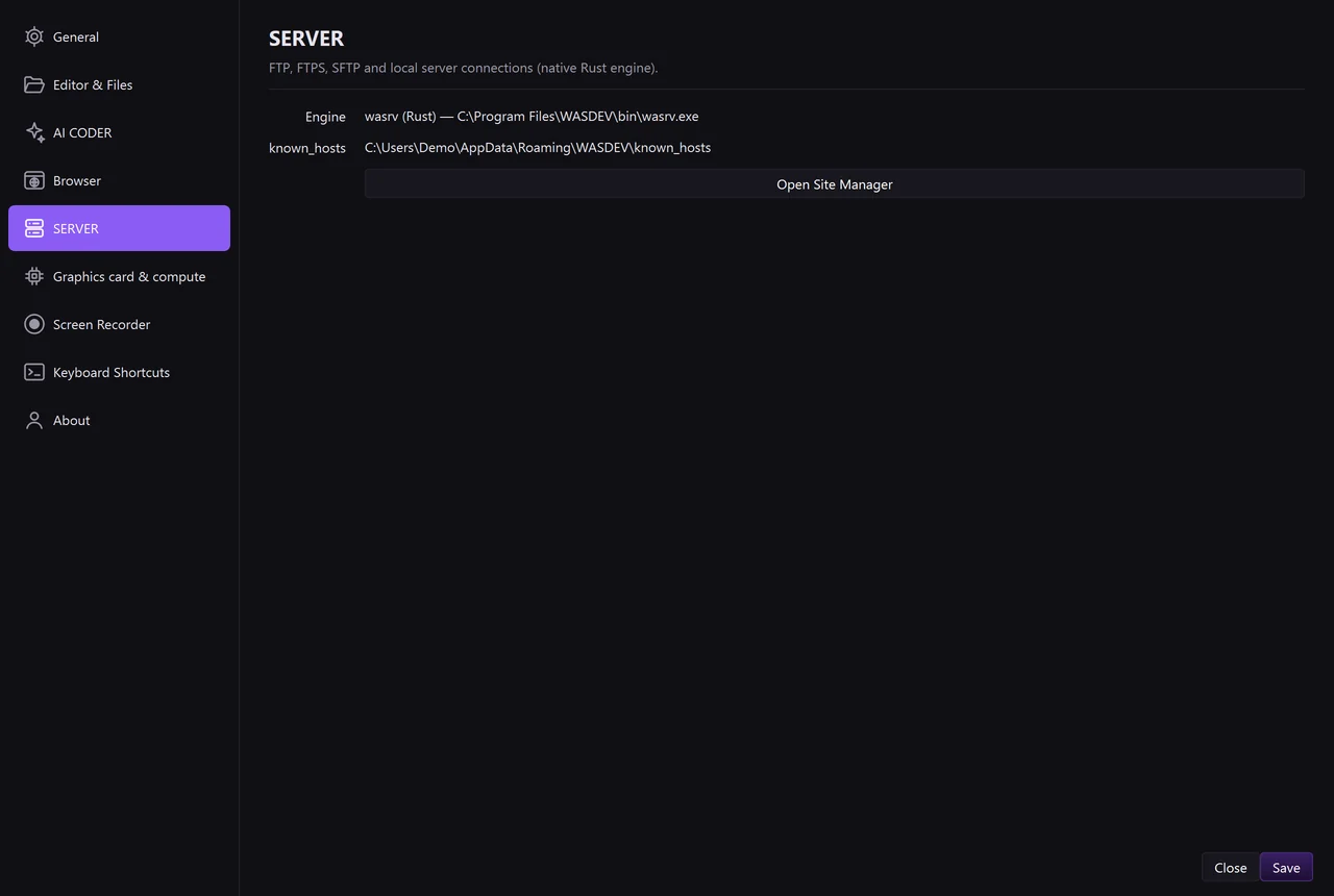 Settings, tab “SERVER”