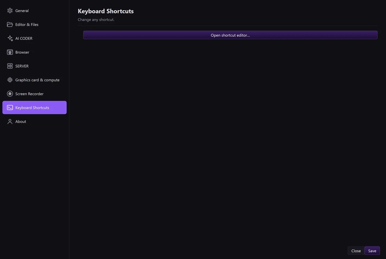 Settings, tab “Keyboard Shortcuts”