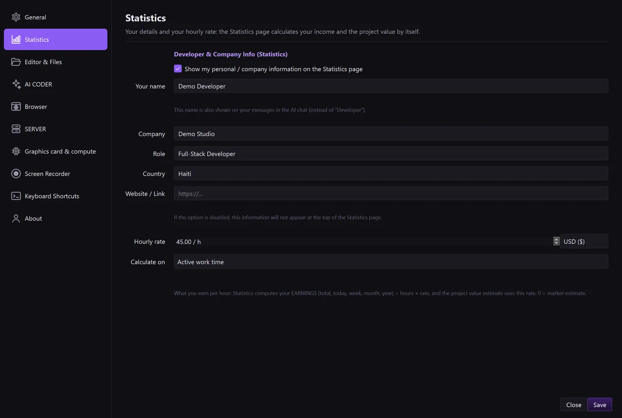 Settings, tab “Statistics”: your name, your company and your hourly rate
