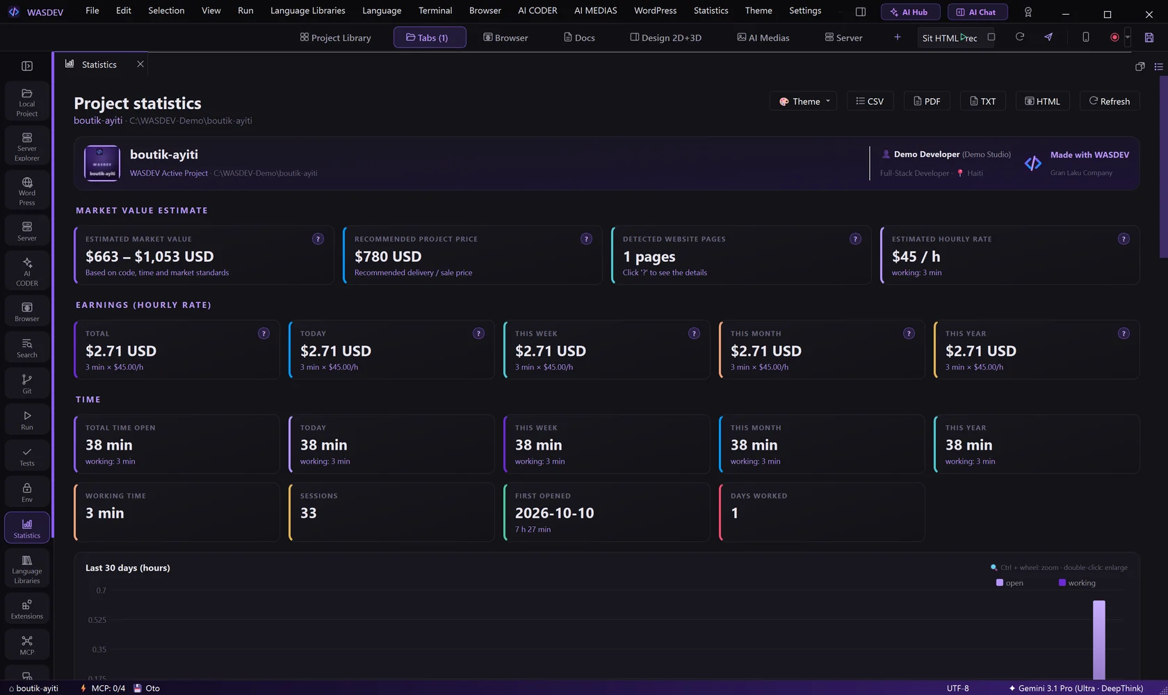 The Statistics page with a name and an hourly rate: the income cards appear
