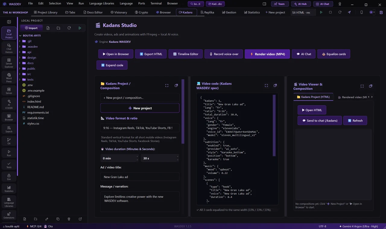 The Kadans Studio page: project, video code and viewer side by side