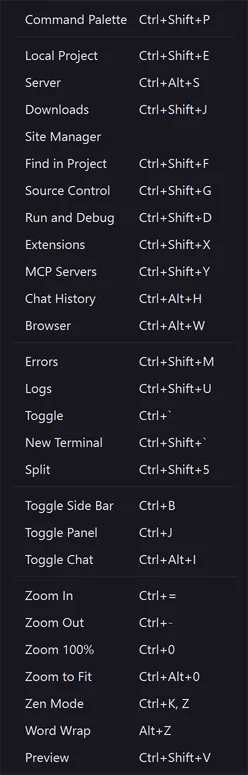 The View menu: panels, zoom and Zen mode
